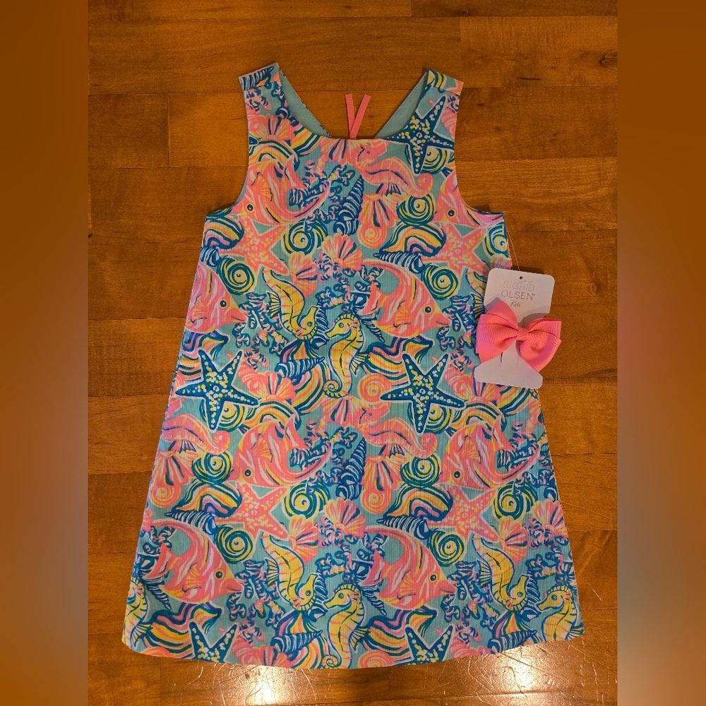 Sigrid Olsen NWT Kids Dress with Pink & Blue Sea Life Size 4 w Matching Pink Bow